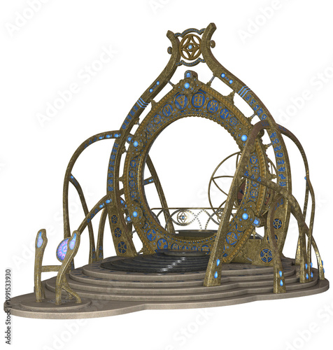 Highly detailed golden portal with blue symbols and geometric patterns on an isolated background. Perfect for architectural, fantasy, or asset design projects. 3D Illustration.