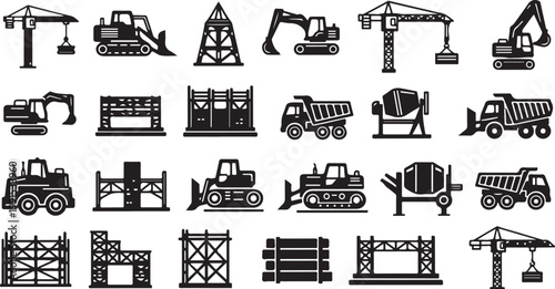 Construction vehicles and equipment icons set black