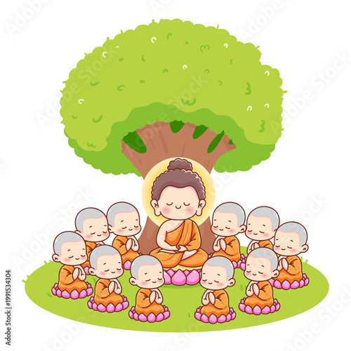Cute Buddha teaching monks sitting under bodhi tree in meditation cartoon vector illustration