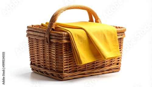 A rustic wicker picnic basket filled with bright yellow cloth sits against a clean white background, evoking feelings of warmth and leisure.