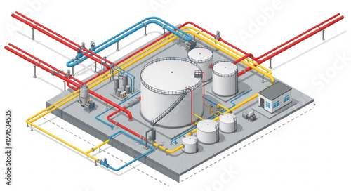 Industrial Chemical Plant with Storage Tanks and Pipelines.