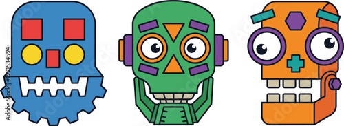 Whimsical cartoon robots with colorful geometric faces and mechanical features