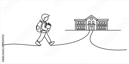 Student with backpack walking towards a school building in a single line drawing Keywords: student, school, education, learning, backpack