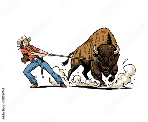 Strong cowgirl taming a wild bison buffalo with a rope, vintage wild west western mascot vector illustration for t-shirt design