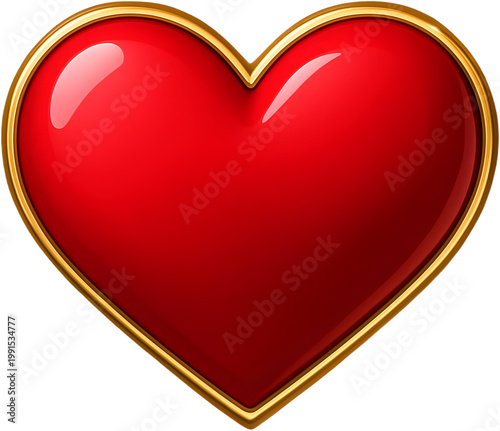 Glossy red heart with golden border isolated on transparent background, luxury romantic love symbol with shiny 3D style, high resolution valentine icon for greeting card, logo and decorative design us