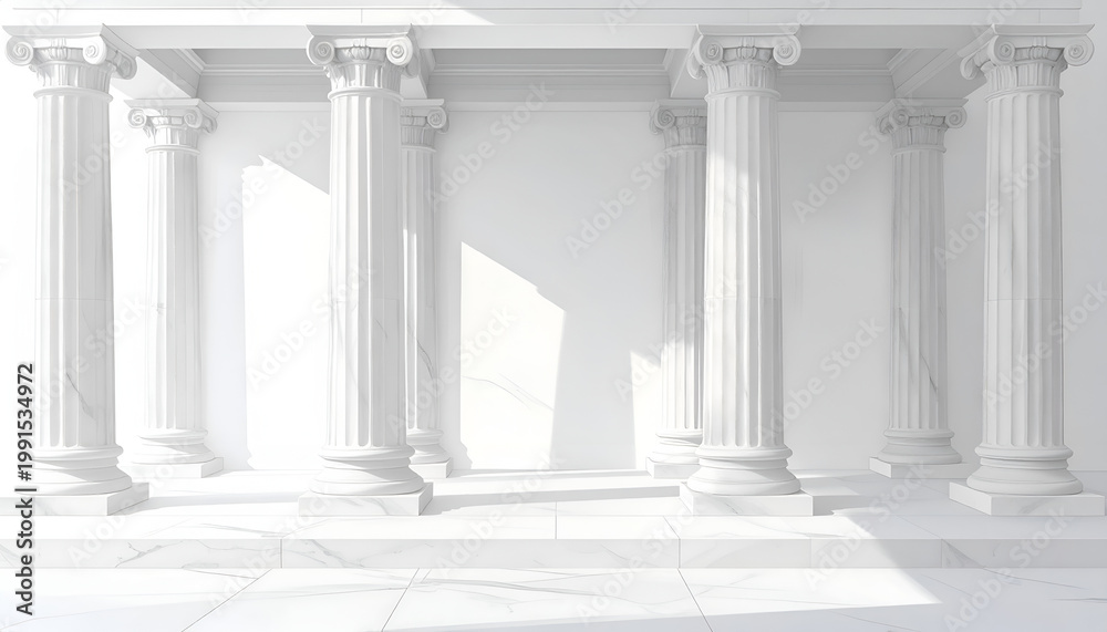 Fototapeta premium A pristine, sunlit architectural rendering showcases a classical Greek-style structure with elegant white columns and a marble base, evoking a sense of timeless grandeur.