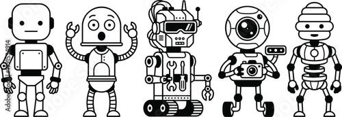 Five distinct robot characters in a playful and expressive lineup