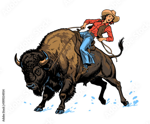 Vintage wild west cowgirl riding a buffalo, american bison rodeo mascot vector illustration for t-shirt design