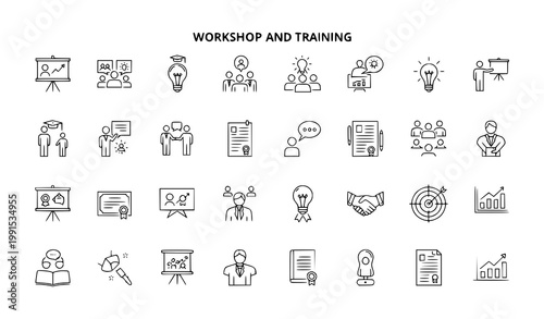 Workshop and training line icon set vector for education coaching teamwork and professional development isolated on white background