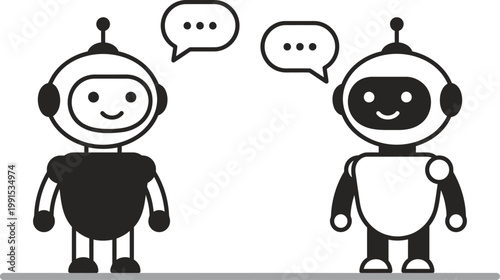 Two friendly robots engaged in a silent conversation with speech bubbles