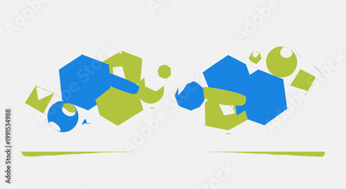 Abstract digital vector graphics with interlocking geometric shapes and spheres in blue and green on a white background