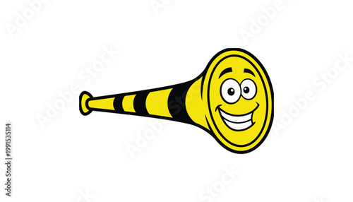 Vuvuzela horn with cartoon cheering face, absurd soccer fan accessory vector on white background