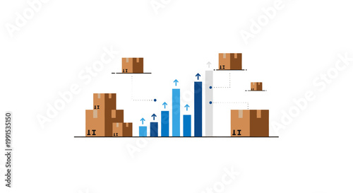 Growing business logistics and cargo shipping success with rising bar graph and boxes