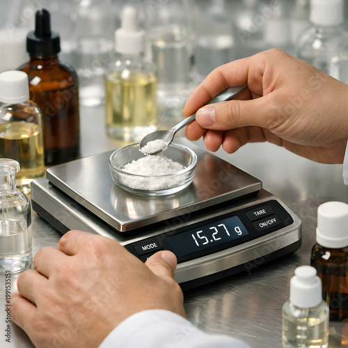 Close-up of worker hands weighing fragrance ingredients on a precision digital scale
