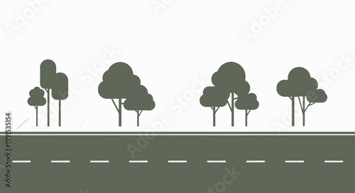 A straight, gray road stretches across the image, bordered by a row of stylized, green trees on the opposite side of the road, set against a plain, light background