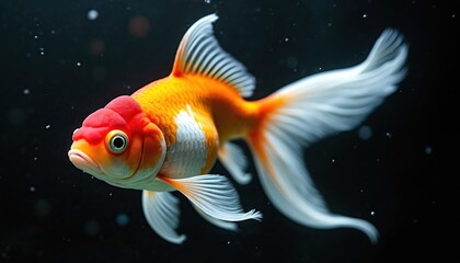 Orange and white goldfish swims in dark water. Fish has bright red head cap and flowing fins. Bubbles float around animal. Exotic aquatic creature in aquarium.