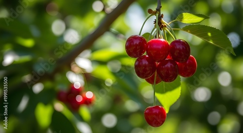 Close up of ripe cherries hanging from a branch in sunlight
