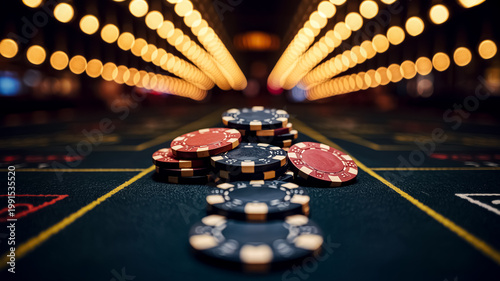 Low Angle View of Poker Chips on Casino Table with Warm Bokeh Lights