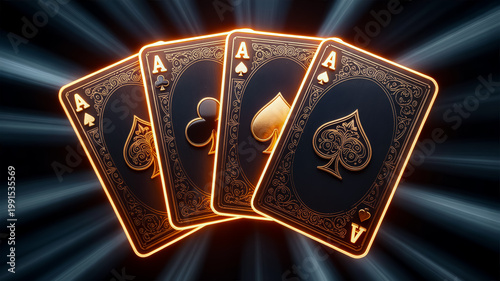 Luxury Black and Gold Ace Cards Fan with Radiant Light Rays