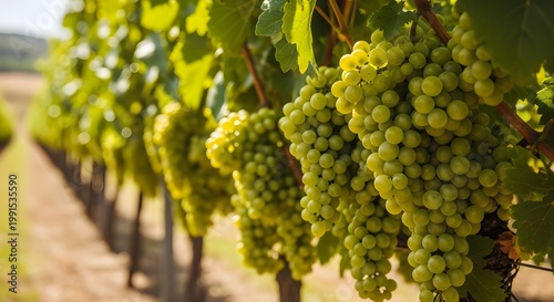 Lush green grape vines in a vineyard with bunches ready for harvest