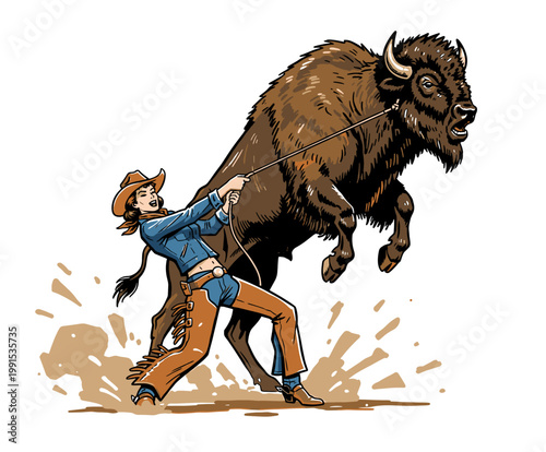 Cowgirl roping a wild bucking buffalo bison, retro wild west rodeo mascot and western americana vector illustration for t-shirt design