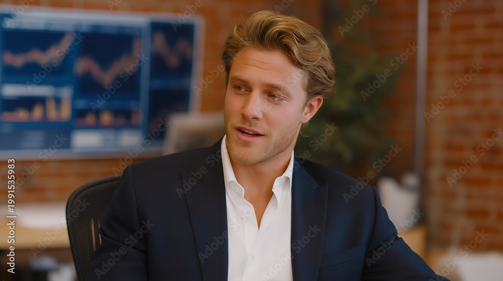 Fototapeta premium Young professional listening intently to financial advisor in industrial loft space with investment charts on exposed brick wall, building trusted guidance relationship, ideal for wealth coaching