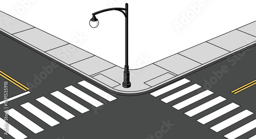 An intersection with a crosswalk and a streetlamp in a clear, flat, vector illustration style