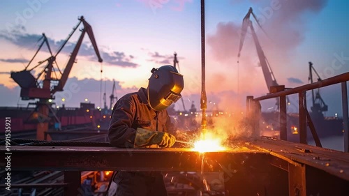 A welder in protective gear works on a metal beam at a construction site during sunset with cranes in the background