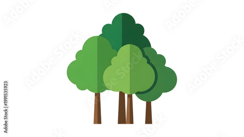 Group of trees with different green leaves and brown trunks