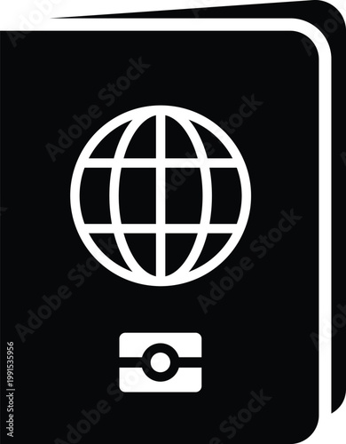 Black passport with white globe and camera symbol, travel document