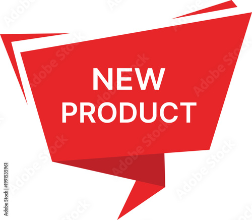 Red origami-style banner announcing "new product" in white text