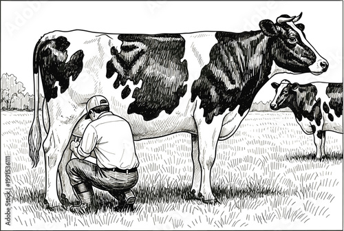 Farmer milking dairy cow in pasture vintage engraving illustration rural agriculture livestock farming scene with cattle