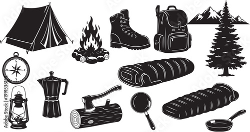 Camping gear and equipment for outdoor adventure travel