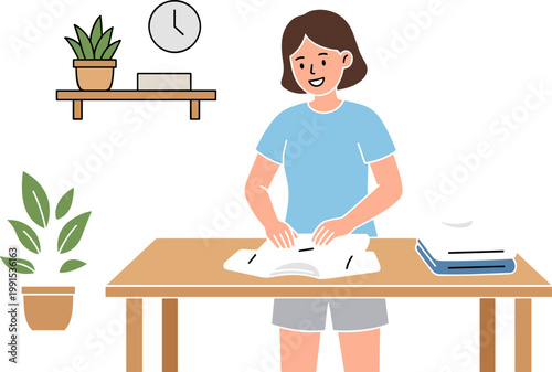 A woman studies at a desk with books and plants nearby indoors.
