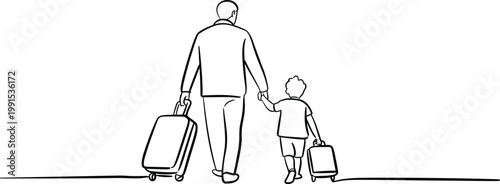Father and child walking with luggage in continuous line art style Keywords: father, child, walking, luggage, suitcase, travel, journey