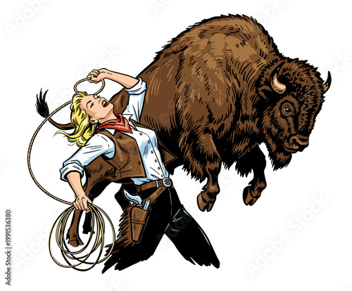 Strong vintage cowgirl wrestling a giant buffalo bison with lasso, retro comic book wild west mascot illustration for t-shirt design