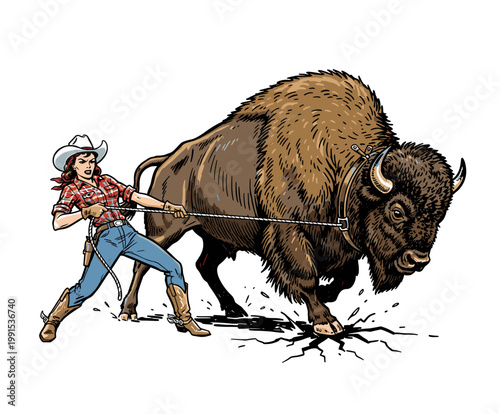Retro wild west cowgirl pulling a massive buffalo with rope, vintage americana mascot vector illustration for t-shirt and apparel design
