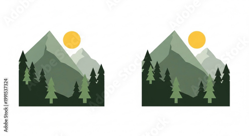 Abstract representation of a sunlit mountain range flanked by evergreen trees, evoking nature and outdoor adventure