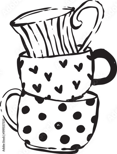 Minimalist coffee and tea cups line art poster. Simple black hand drawn mugs illustration