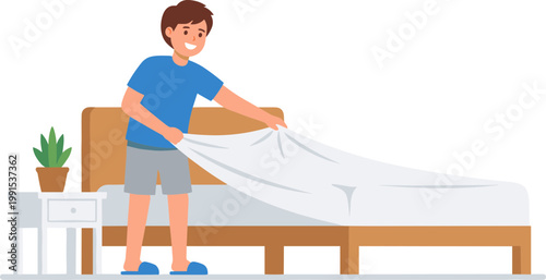 A man is making a bed in a bedroom with a plant and furniture.