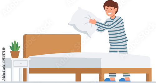 A person makes a bed with a sheet in a bedroom.