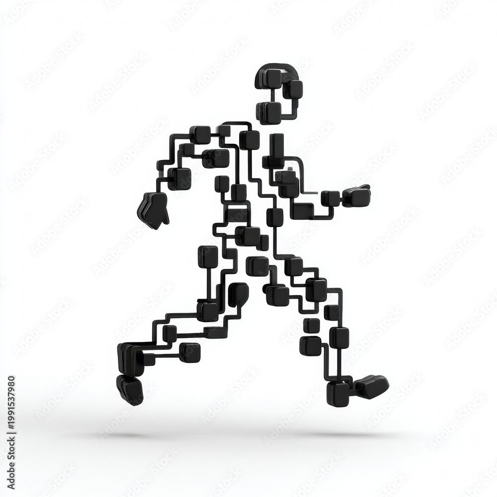 Obraz premium Modern art figure in motion showing walking posture made from black lines and shapes on plain background