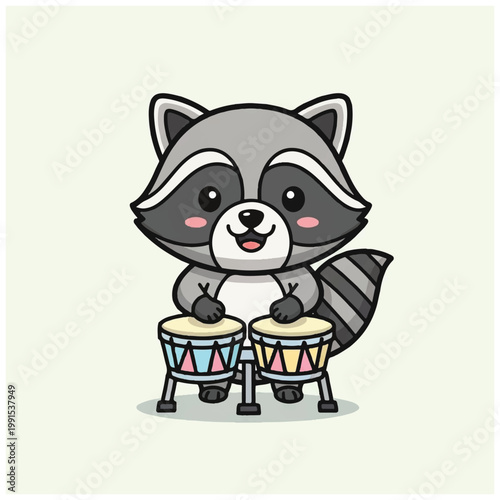 Raccoon playing colorful drums happily.