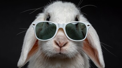 White rabbit wearing stylish sunglasses poses against a dark background, showcasing its unique features and playful demeanor in a close-up portrait