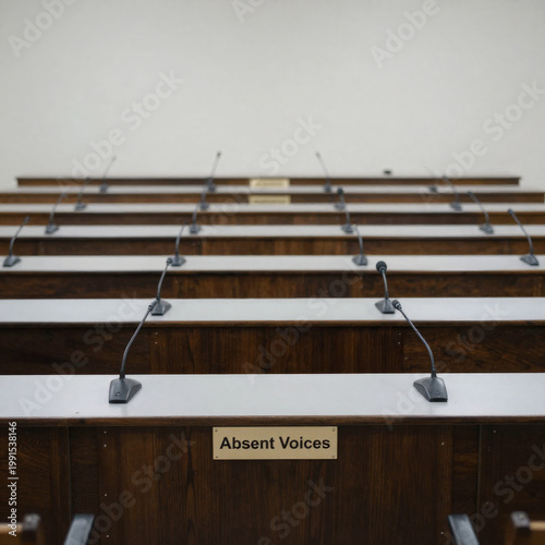 Empty parliamentary benches labeled absent voices representing lack of representation silence and disengagement within political systems