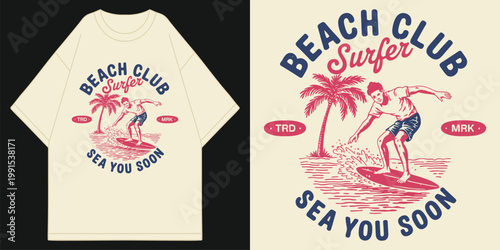 retro beach club surfer illustration with sea you soon typography and tropical palm tree scene on cream oversized apparel t shirt design vector illustration artwork