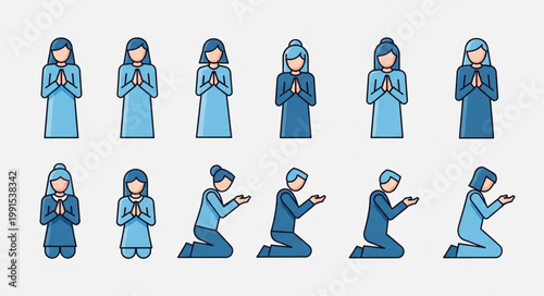 People praying in different poses and blue clothing.