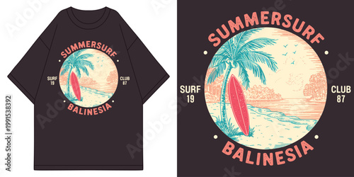 Photography vintage summer surf balinesia beach club graphic with surfboard and palm tree tr