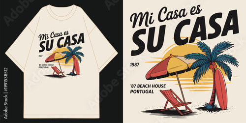 vintage mi casa es su casa beach house portugal 1987 graphic with sunset palm tree beach chair and surfboard illustration on cream t shirt design vector illustration artwork