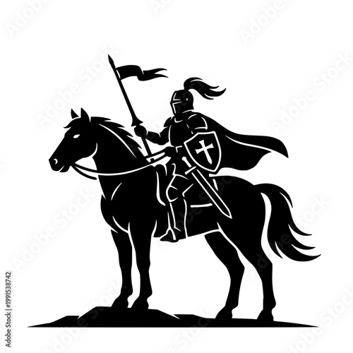 Black silhouette of Knight Horse Standing Hero Pose, Medieval Cavalry Battle Silhouette Vector, Knights on Horseback Fighting with Spears and Shields, Ancient War Scene Illustration